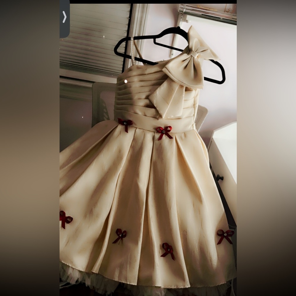 Elegant Cream Kids Dress with Red bow ties
